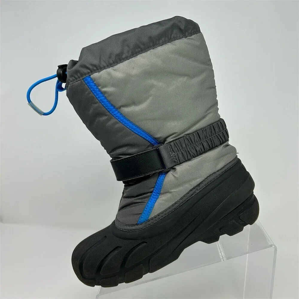 SOREL Flurry Snow Boots Boy Kids Gray Black Blue Waterproof Winter Size 3